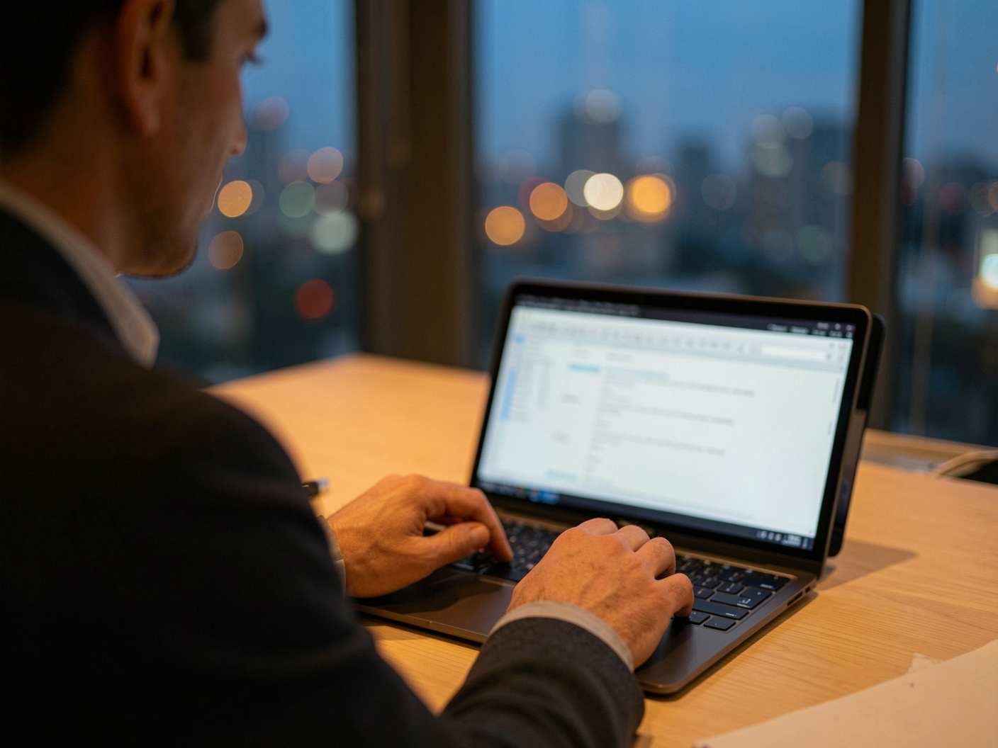 A professional working at a laptop in an office at dusk