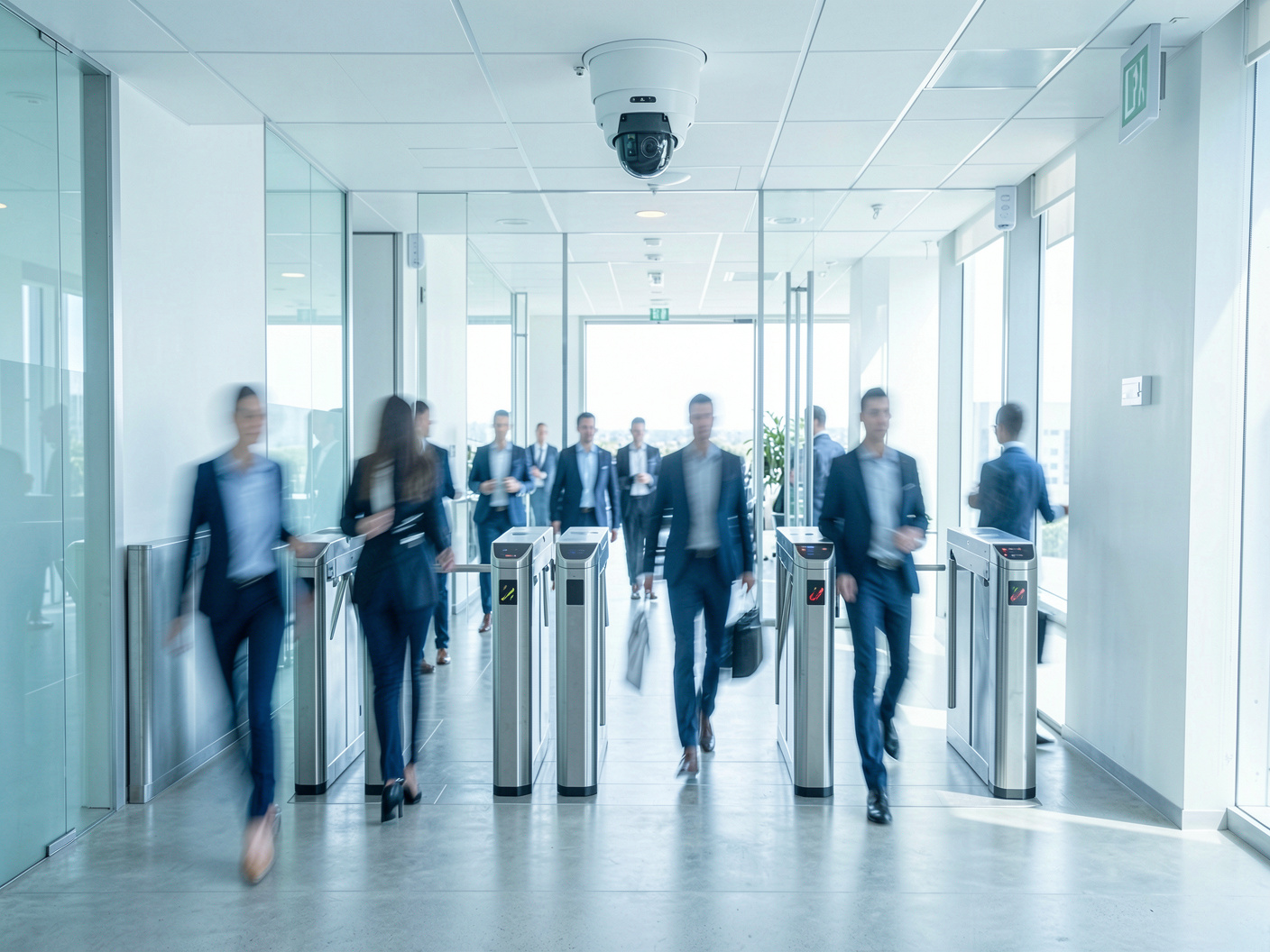 Employees passing through office speed gates below a ceiling camera