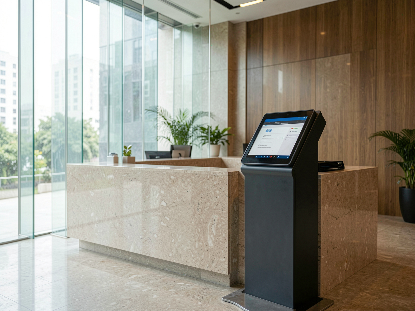 A corporate reception desk with a visitor check-in kiosk