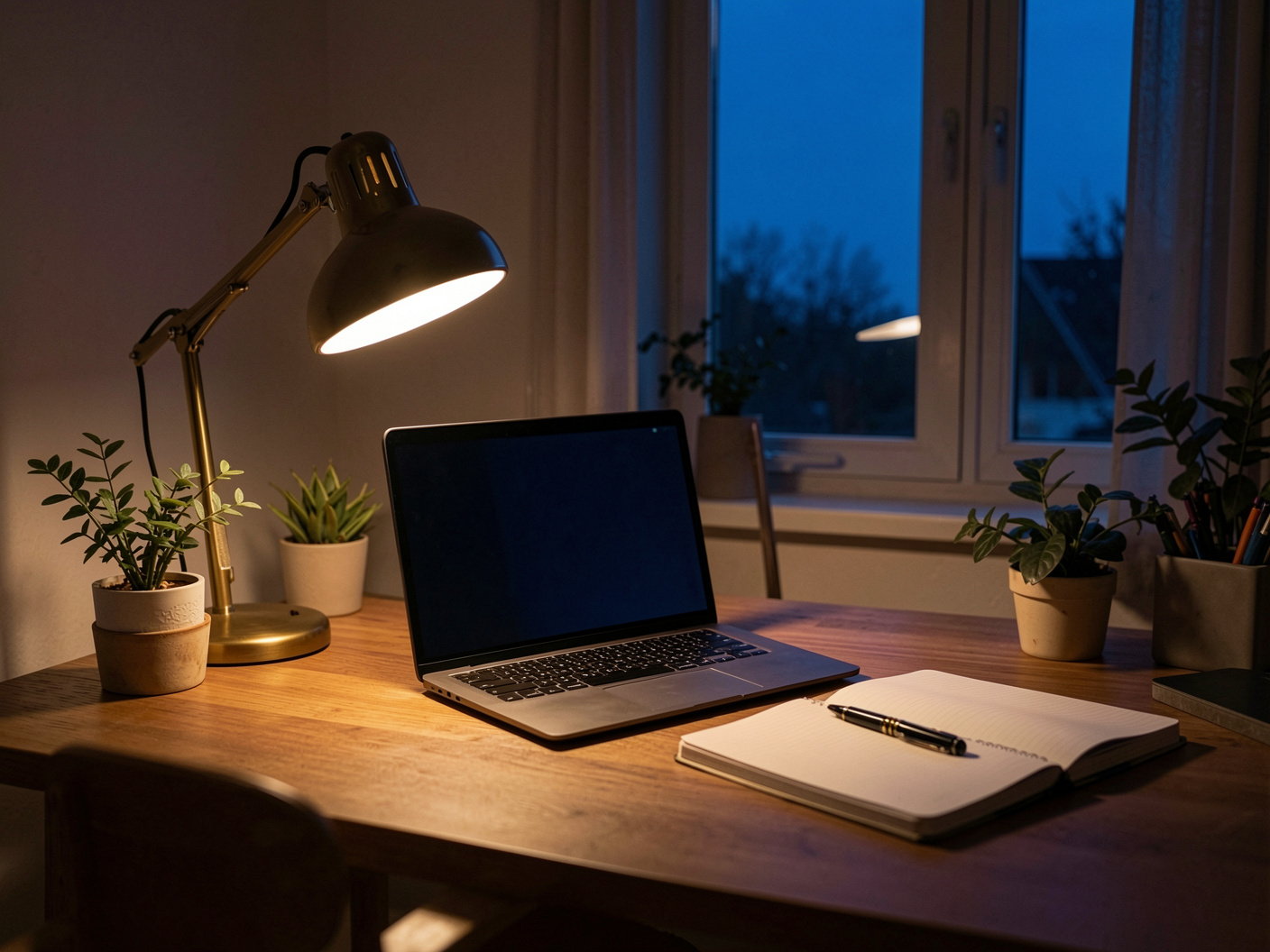 A home office desk lit by a warm lamp at night